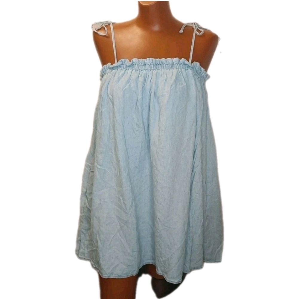 Show Me Your MuMu Angel Mini Tunic Dress Sz Med Blue Linen Chambray Coastal Nwt - Picture 6 of 14